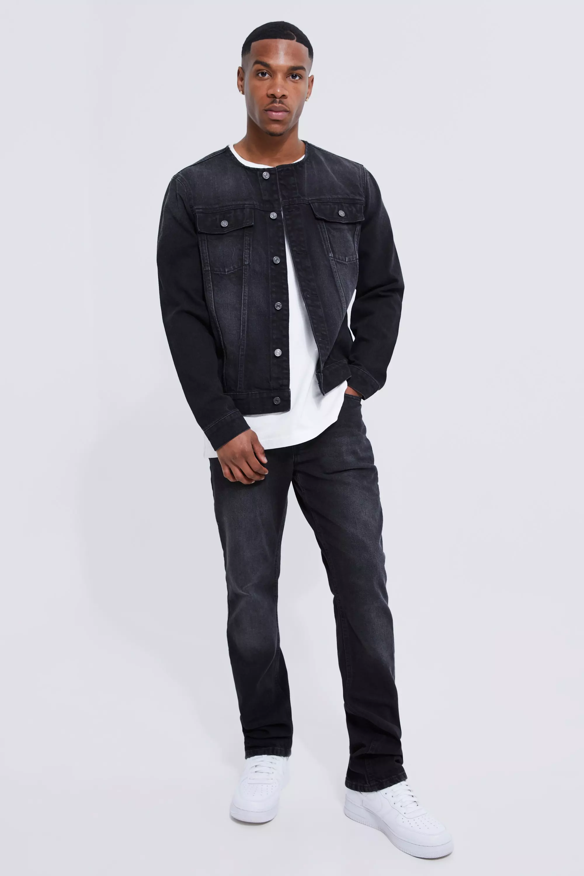 Collarless denim jacket men hotsell